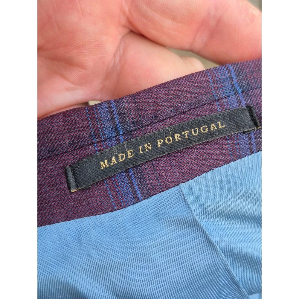 J. Hilburn Burgundy Blue Plaid Wool Sport Coat Blazer Portugal Custom 50 R L‎